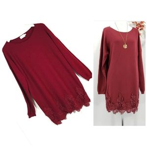 New DREAMERS Merlot Red Soft Tunic Lace Sweater sz S/M